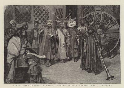 Una Costumbre Religiosa en Tíbet, Sacerdotes Lepchi vestidos para un Festival de Charles Edwin Fripp